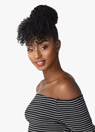 SENSATIONNEL DRAWSTRING PONYTAIL INSTANT BUN WITH BANG, SIDEVIEW, Sareya Beauty Supply store in Calgary Alberta Canada
